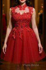 High Neck Red Lace Short Formal Prom Dress, Red Lace Homecoming Dress, Red Formal Graduation Evening Dress
