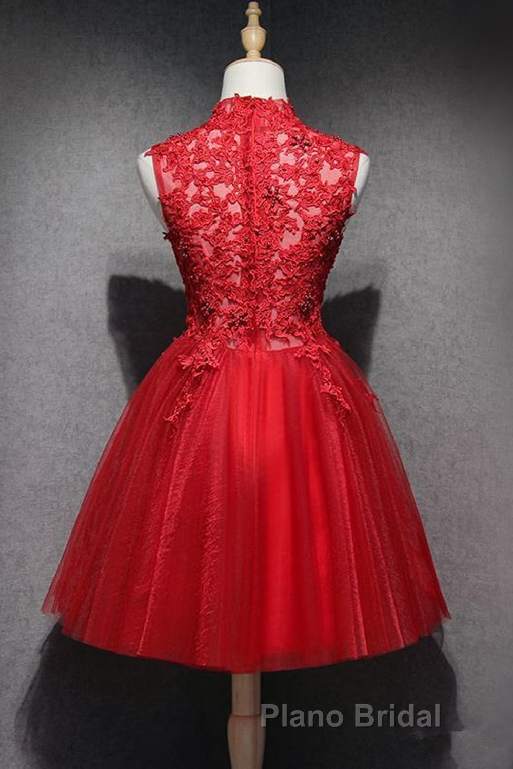 High Neck Red Lace Short Formal Prom Dress, Red Lace Homecoming Dress, Red Formal Graduation Evening Dress Secondary image