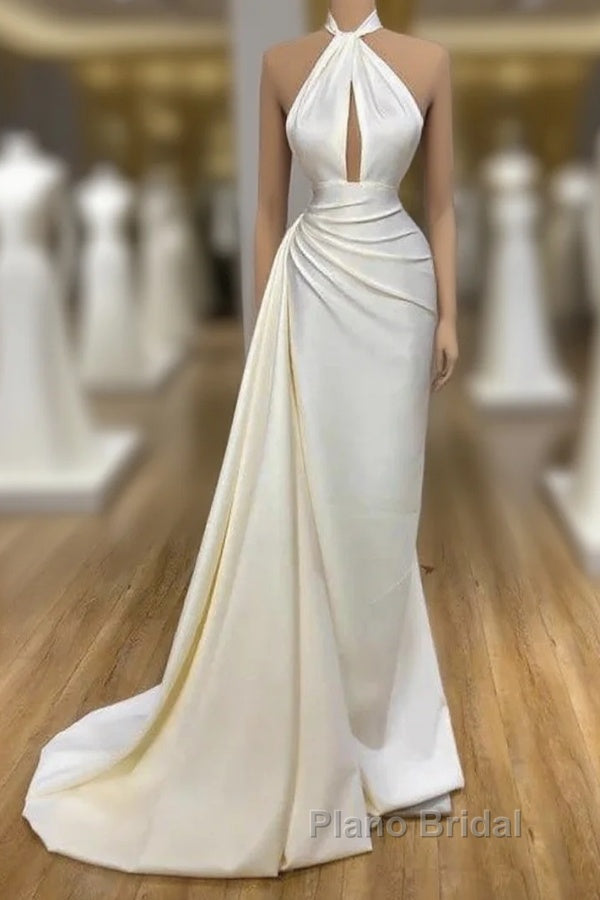 High Neck Satin Ivory Keyhole Ruched Formal Prom Dresses Main image