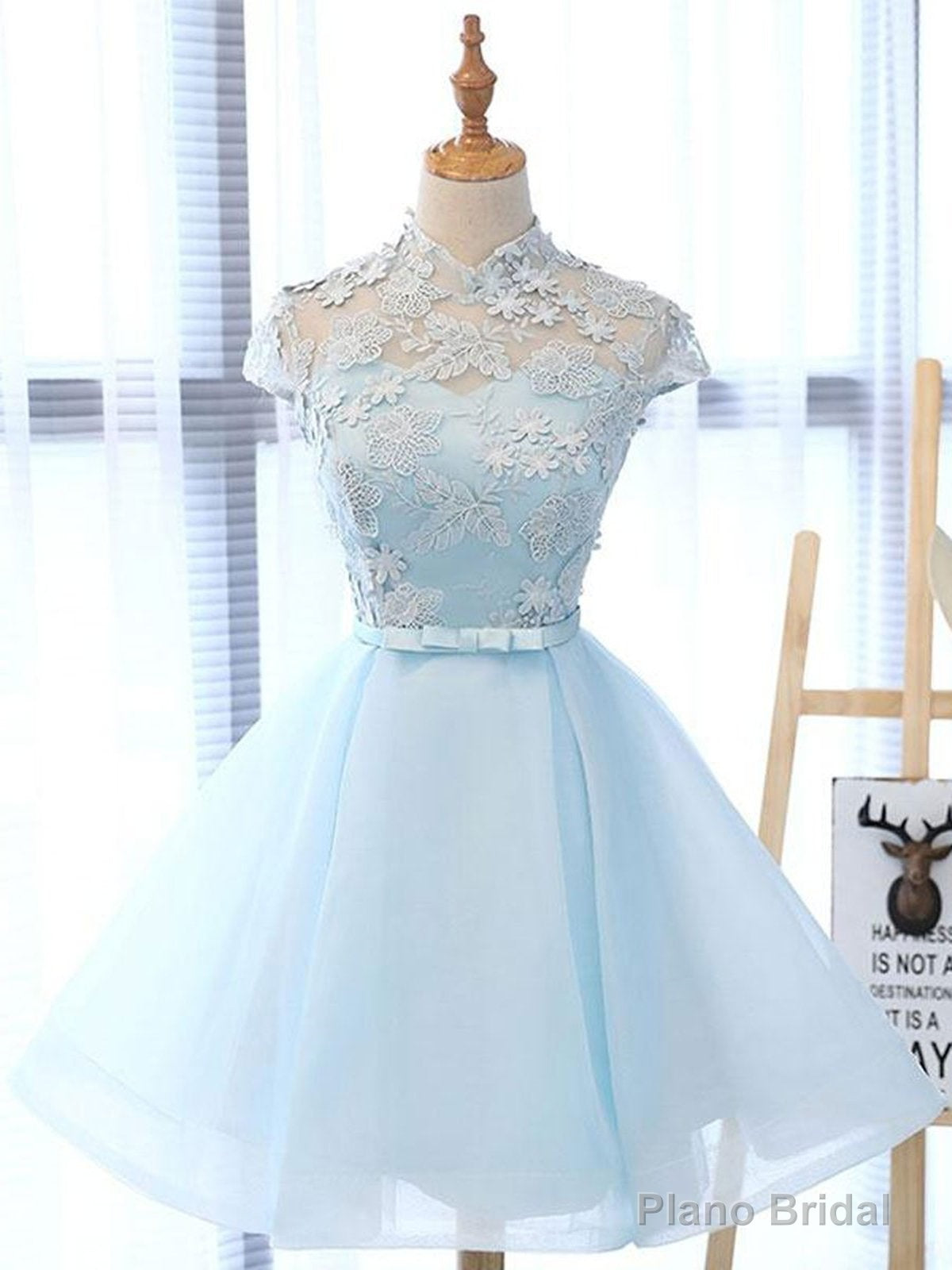 High Neck Short Blue Lace Prom Dresses, Short Blue Lace Graduation Homecoming Dresses Main image
