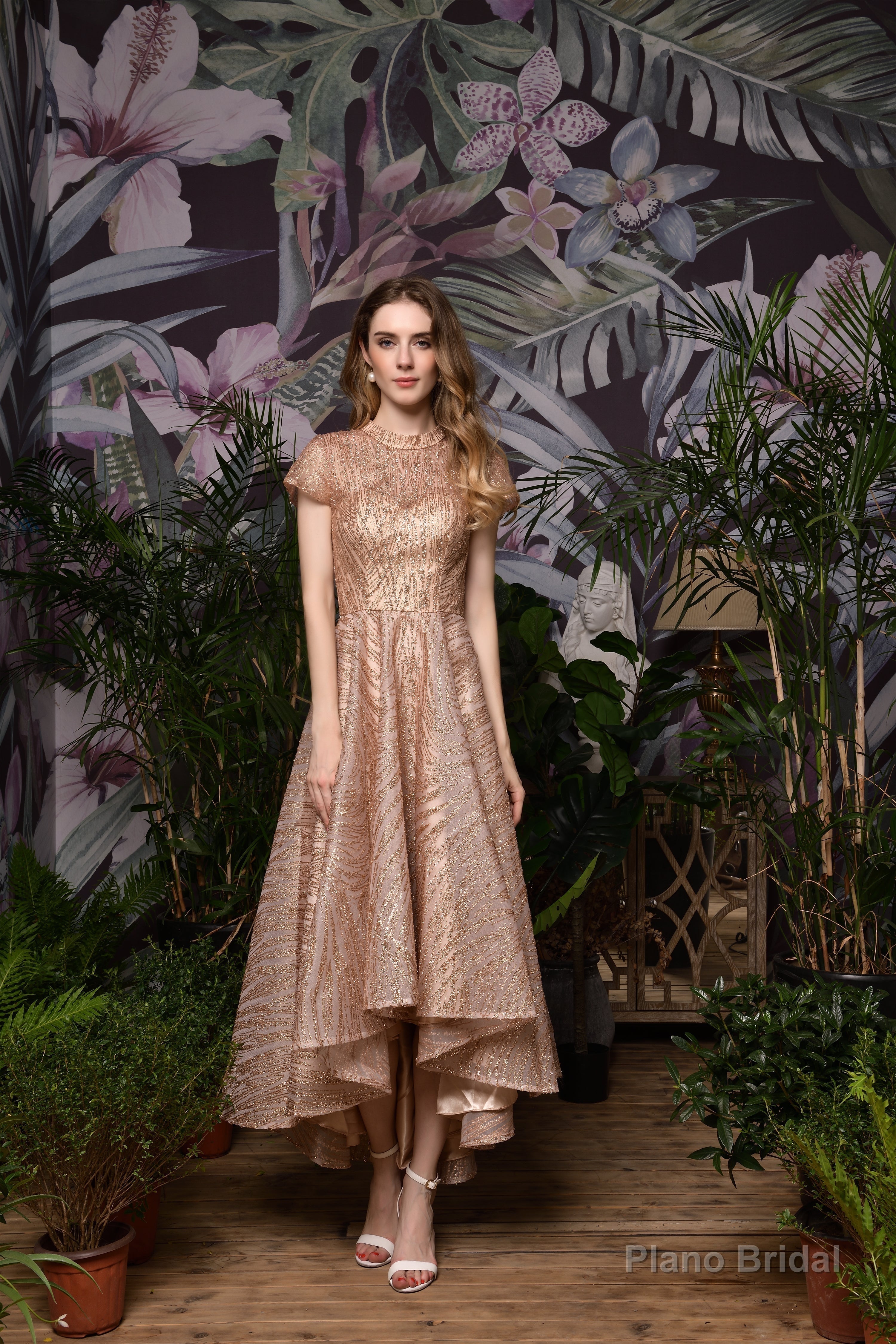 High neck Short Sleeve Champagne Sequined High Low Prom Dresses Main image