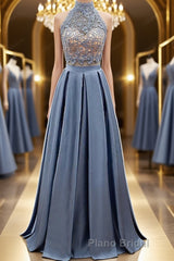 High Neck Two Pieces Blue Lace Long Formal Prom Dress, 2 Pieces Blue Lace Formal Dress, Blue Evening Dress