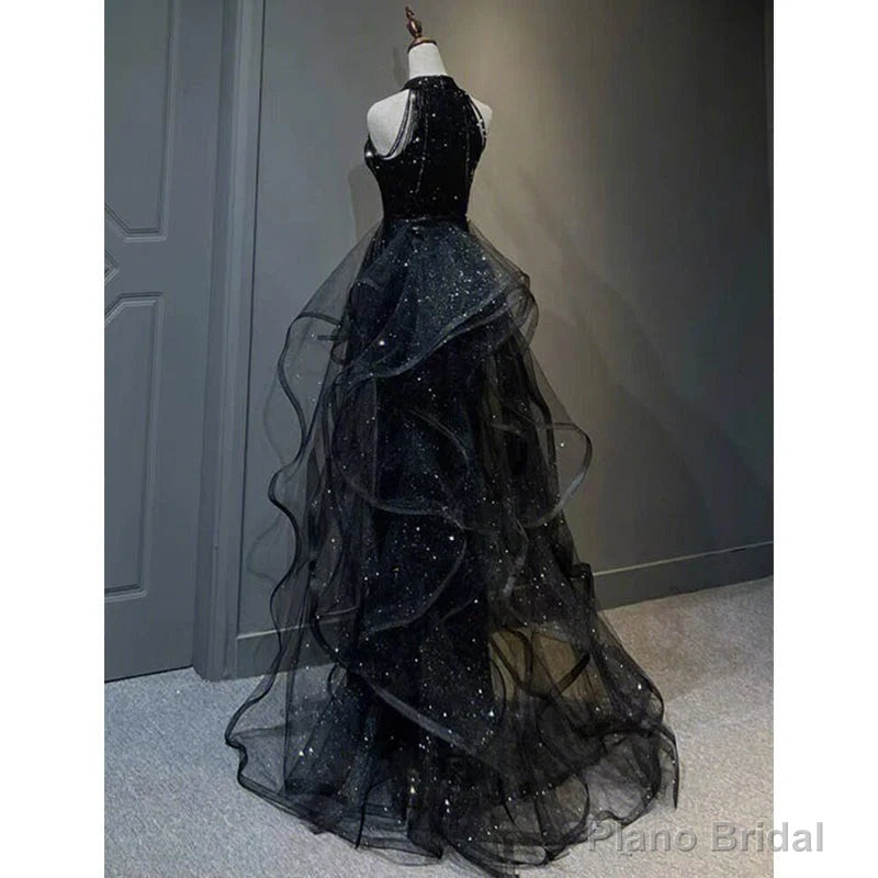 High Neckline Black Halter Shiny Tulle And Sequins Party Dress Black Tulle Prom Dress prom dresses shops