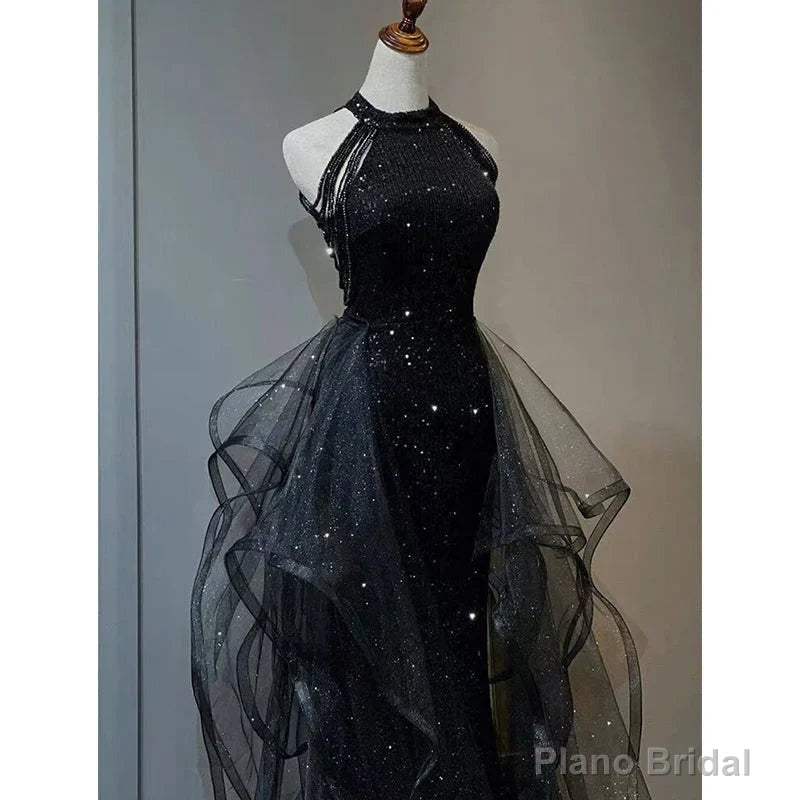 High Neckline Black Halter Shiny Tulle And Sequins Party Dress Black Tulle Prom Dress prom dresses shops