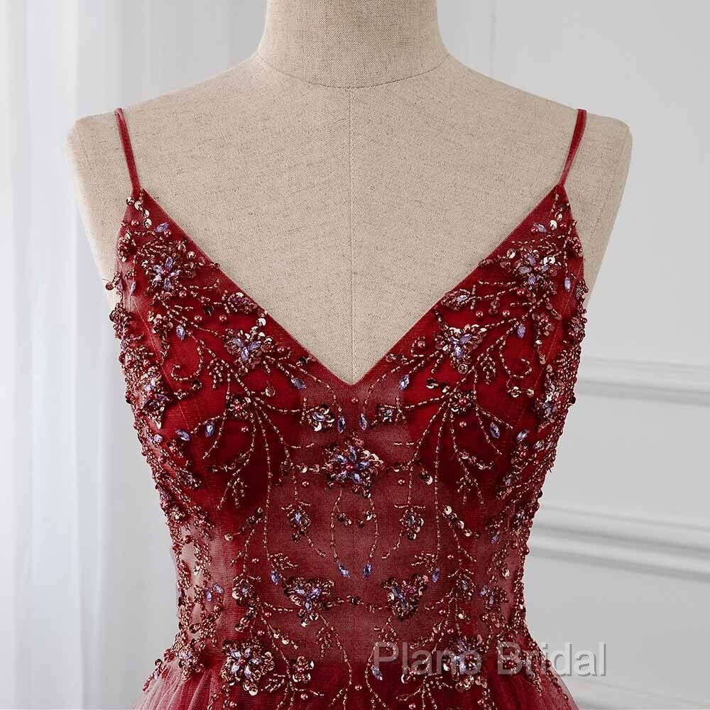 High Quality Burgundy Straps Beaded Long Party Dresses, Long Junior Formal Prom Dresses