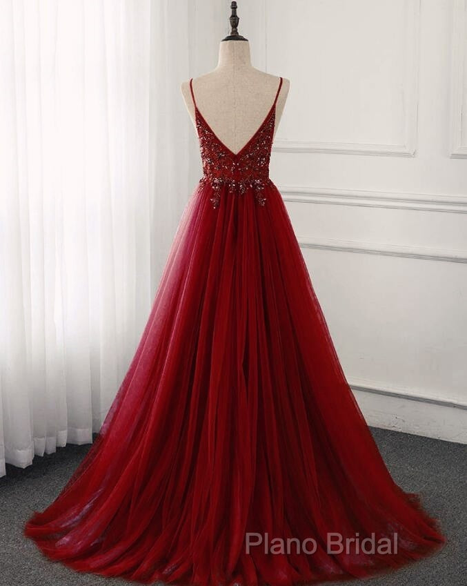 High Quality Burgundy Straps Beaded Long Party Dresses, Long Junior Formal Prom Dresses