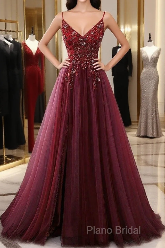 High Quality Burgundy Straps Beaded Long Party Dresses, Long Junior Formal Prom Dresses Main image