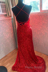High Slit Blue Sequins Straps Mermaid Evening Gown,Ball Gowns Formal Prom Dresses