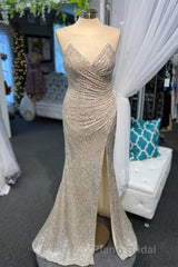 High Slit Blue Sequins Straps Mermaid Evening Gown,Ball Gowns Formal Prom Dresses