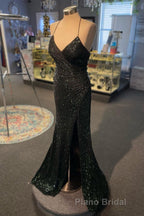 High Slit Blue Sequins Straps Mermaid Evening Gown,Ball Gowns Formal Prom Dresses
