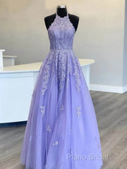 Hot Halter Purple Formal Prom Dresses Lace Long Graduation Formal Dresses