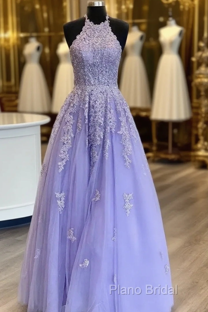 Hot Halter Purple Formal Prom Dresses Lace Long Graduation Formal Dresses Main image