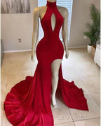 Hot Long Red Formal Prom Dresses High Neck Satin Mermaid Formal Dresses Uk Split