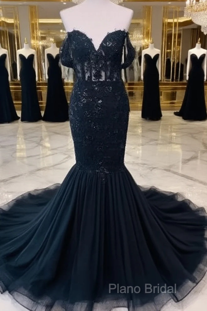 Hot Mermaid Lace Gothic Wedding Dresses Black Applique Off Shoulder