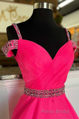 Hot Pink Beaded Cold-Shoulder A-Line Formal Prom Dresses