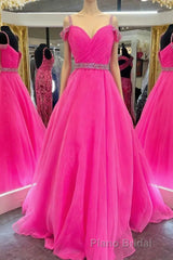 Hot Pink Beaded Cold-Shoulder A-Line Formal Prom Dresses