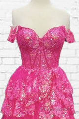 Hot Pink Lace Off Shoulder Tiered Formal Prom Dresses With Slit