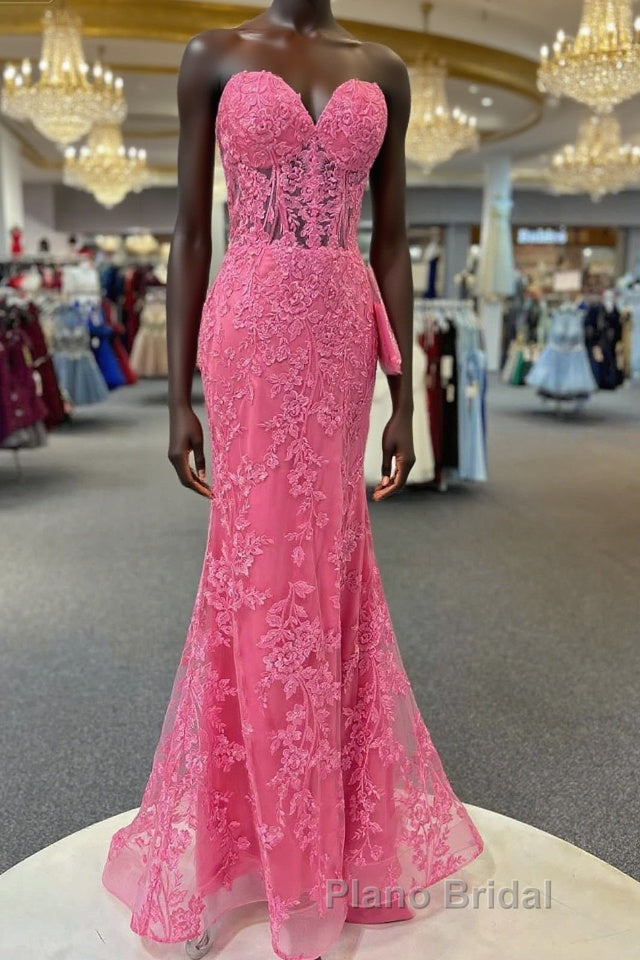 Hot Pink Mermaid Lace Formal Prom Dresses, Hot Pink Mermaid Lace Formal Evening Dresses Main image