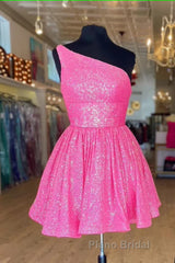 Hot Pink Formal Prom Dress One Shoulder A Line Short Homecoming Dress Sequins