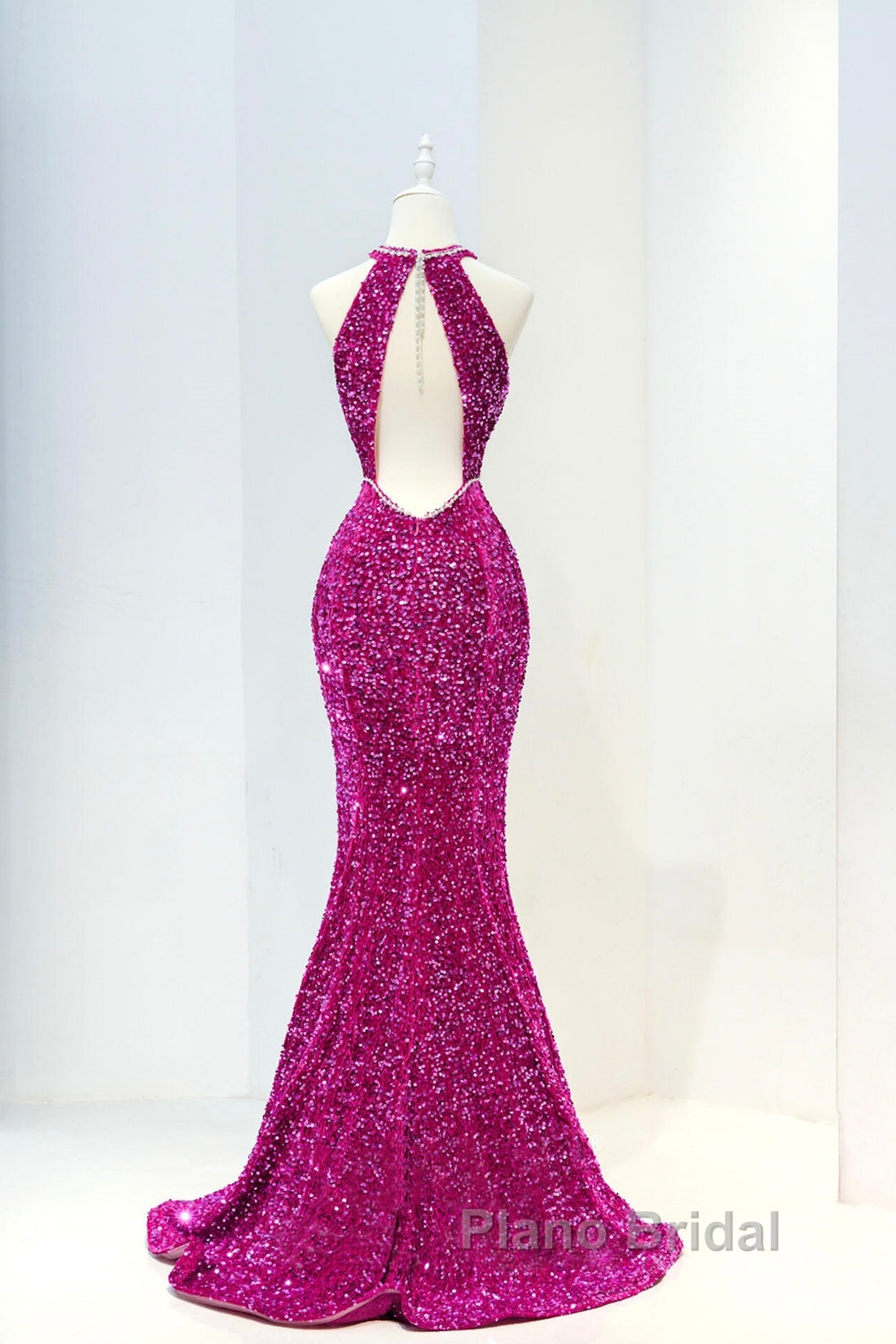 Hot Pink Sequins Long Formal Prom Dresses, Mermaid Backless Evening Dresses Secondary image