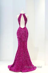 Hot Pink Sequins Long Formal Prom Dresses, Mermaid Backless Evening Dresses