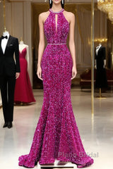 Hot Pink Sequins Long Formal Prom Dresses, Mermaid Backless Evening Dresses