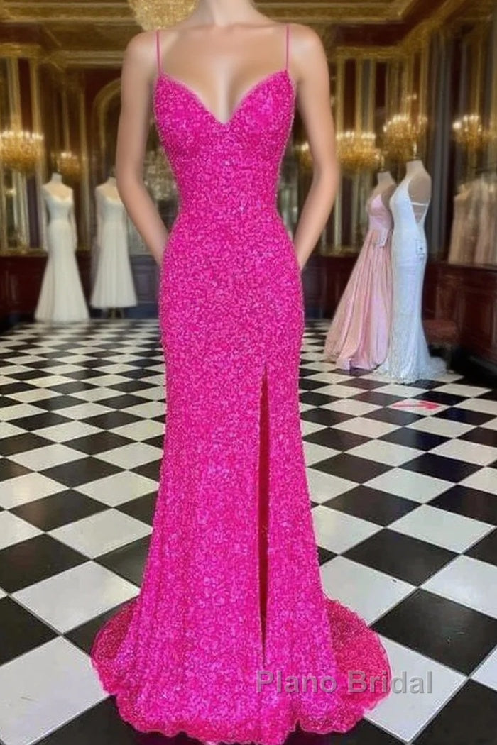 Hot Pink Straps Formal Prom Dresses With Slit Main image