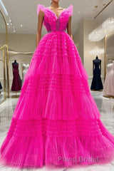 Hot Pink Tulle Long Formal Prom Dresses, Hot Pink Long Formal Graduation Dresses