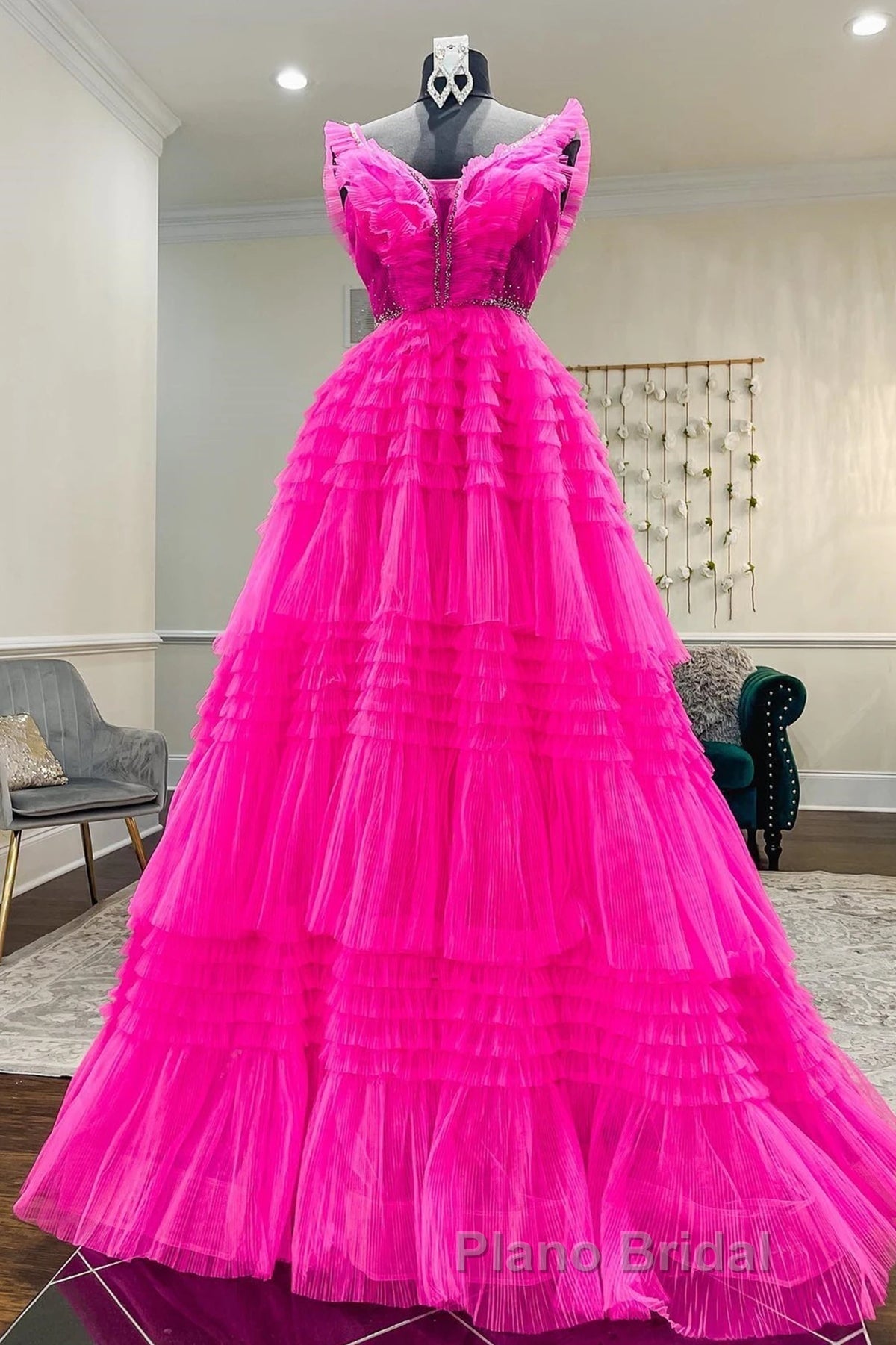 Hot Pink Tulle Long Formal Prom Dresses, Hot Pink Long Formal Graduation Dresses