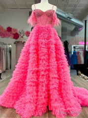 Hot Pink Tulle Tiers Beading Prom Dress