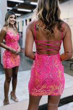 Hot Pink V Neck Sequin Lace Short Homecoming Dresses