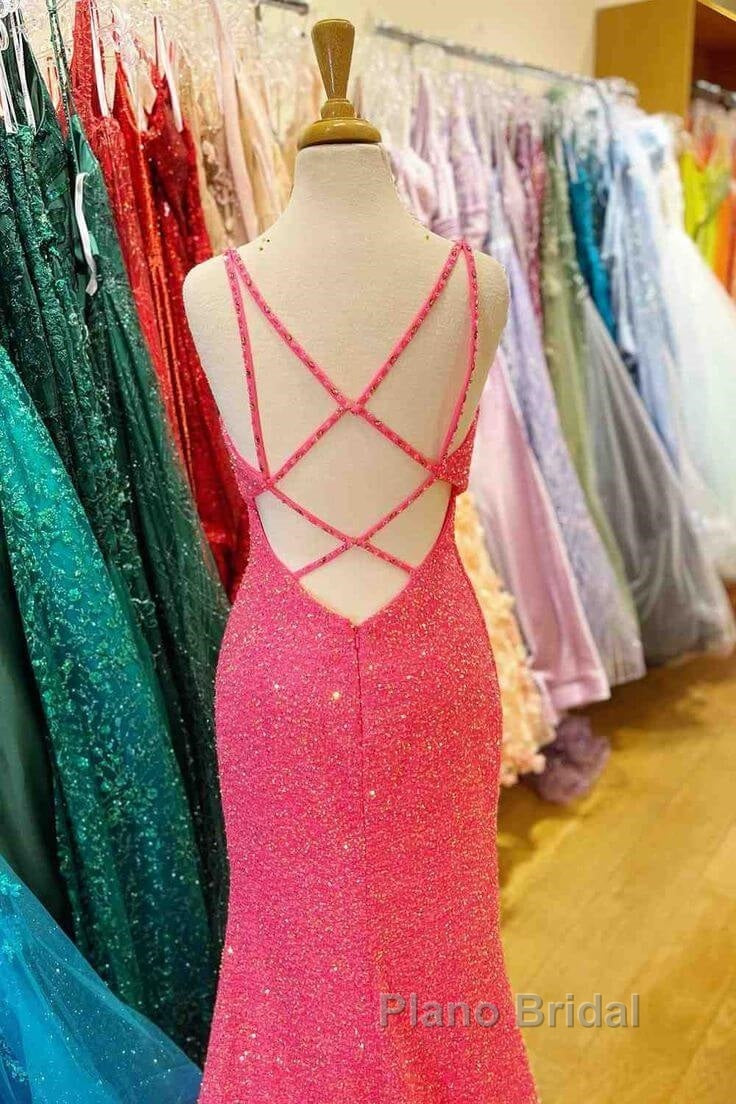 Hot Pink V Neck Sequins Long Formal Prom Dresses Crossed Back Mermaid With Slit Secondary image