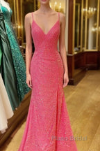 Hot Pink V Neck Sequins Long Formal Prom Dresses Crossed Back Mermaid With Slit