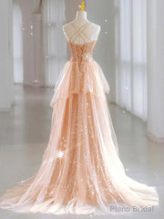 Hot Shiny A line Spaghetti Straps Sleeveless Sequin Tulle Long Prom Dresses