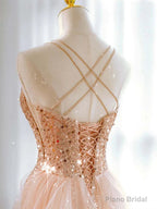 Hot Shiny A line Spaghetti Straps Sleeveless Sequin Tulle Long Prom Dresses