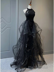 A-Line Formal Prom Dresses Vintage Dresses Wedding Guest Wedding Party Sweep / Brush Train Sleeveless Halter Neck Wednesday Addams Family Sequined with Crystals Sequin Ruffles Masquerade Dresses