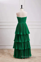 Hunter Green A-Line Chiffon Strapless Layers Long Formal Prom Dresses Formal Evening Dresses