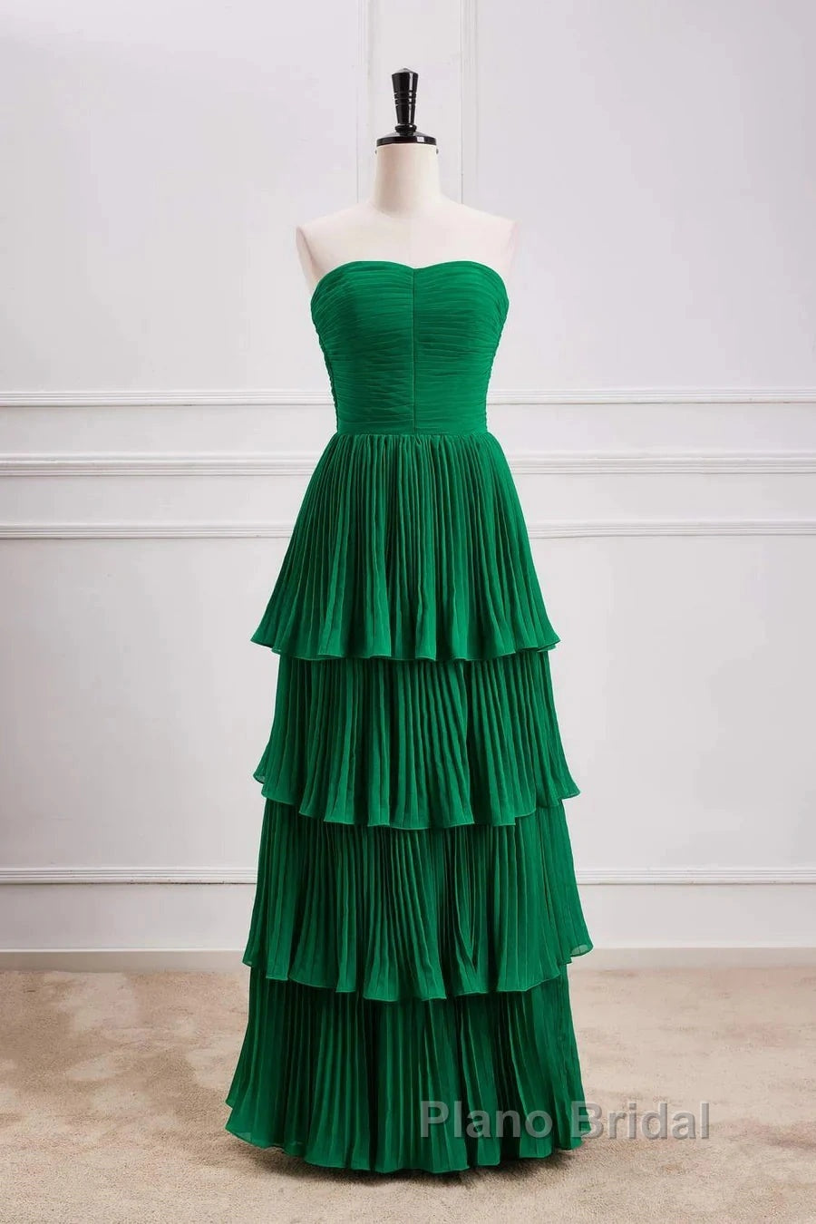 Hunter Green A-Line Chiffon Strapless Layers Long Formal Prom Dresses Formal Evening Dresses