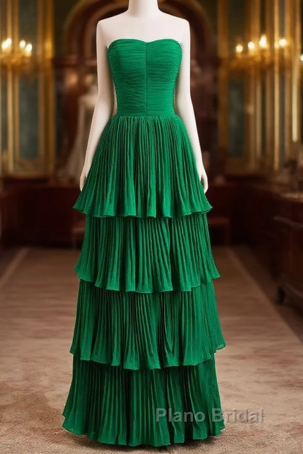 Hunter Green A-Line Chiffon Strapless Layers Long Formal Prom Dresses Formal Evening Dresses Main image