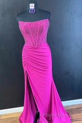 Hunter Green Mermaid Strapless Beaded Pleated Long Formal Prom Dresses