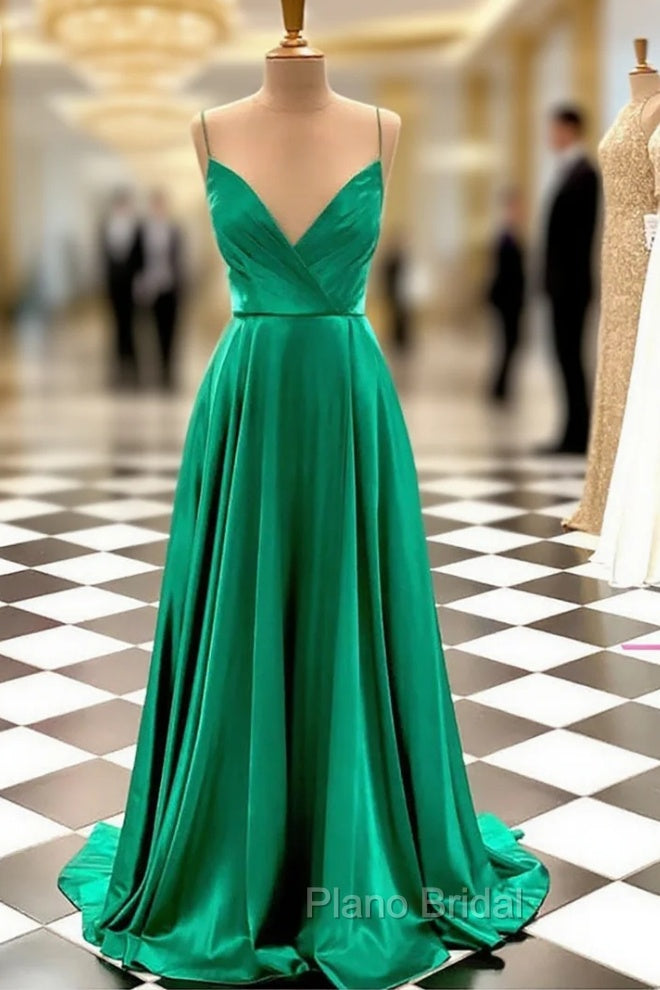 Hunter Green Formal Prom Dresses, A-line V Neck Spaghetti Straps Sweep Train Charmeuse Formal Prom Dresses With Pleated Main image