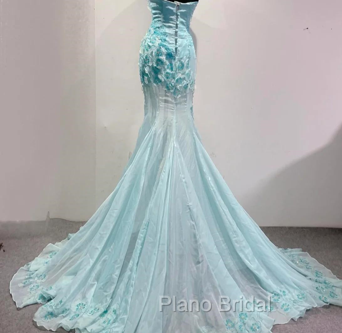 Ice Blue Ombre Mermaid Strapless Chiffon Long Wedding Dresses With Appliques And Beading Formal Formal Prom Dresses