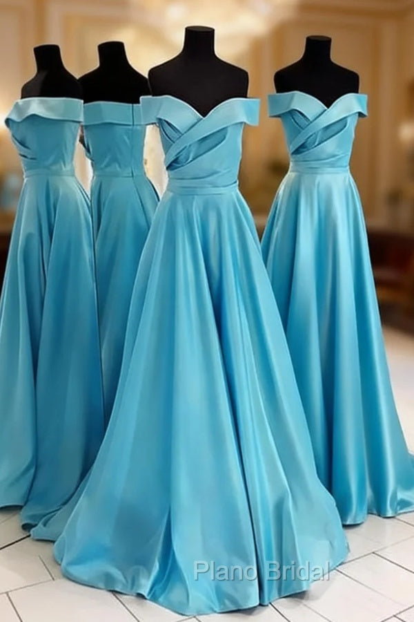 Ice Blue Formal Prom Dresses, A-line/Princess Off-the-Shoulder Sleeveless Sweep Train Satin Formal Prom Dresses
