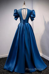 Blue V Neck Satin Short Sleeves Long Formal Prom Dresses Blue Satin Evening Dresses