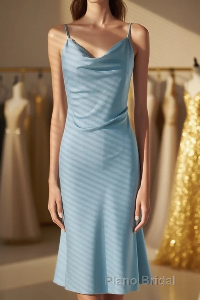 Ice Blue Cowl Neck Mid-Calf Length Bridesmaid Dresses