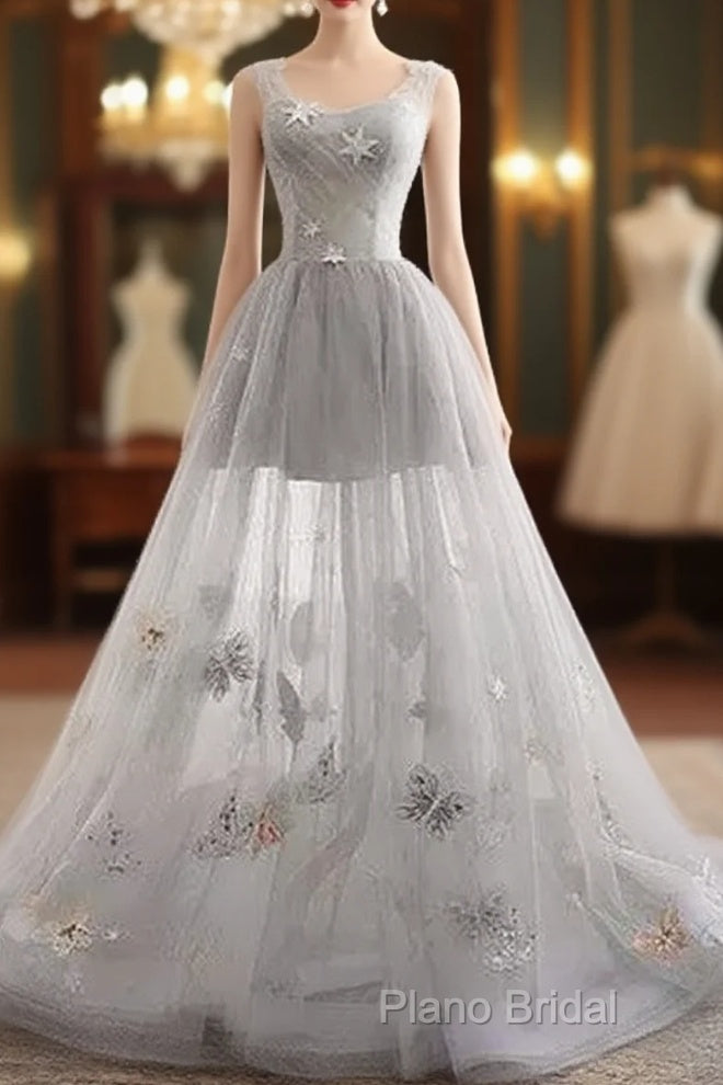 Illusion Tulle Short A-Line Gray Formal Prom Dresses,