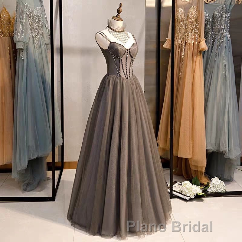 A-Line Formal Prom Dresses Open Back Dresses Formal Wedding Party Floor Length Sleeveless Spaghetti Strap Tulle with Pleats