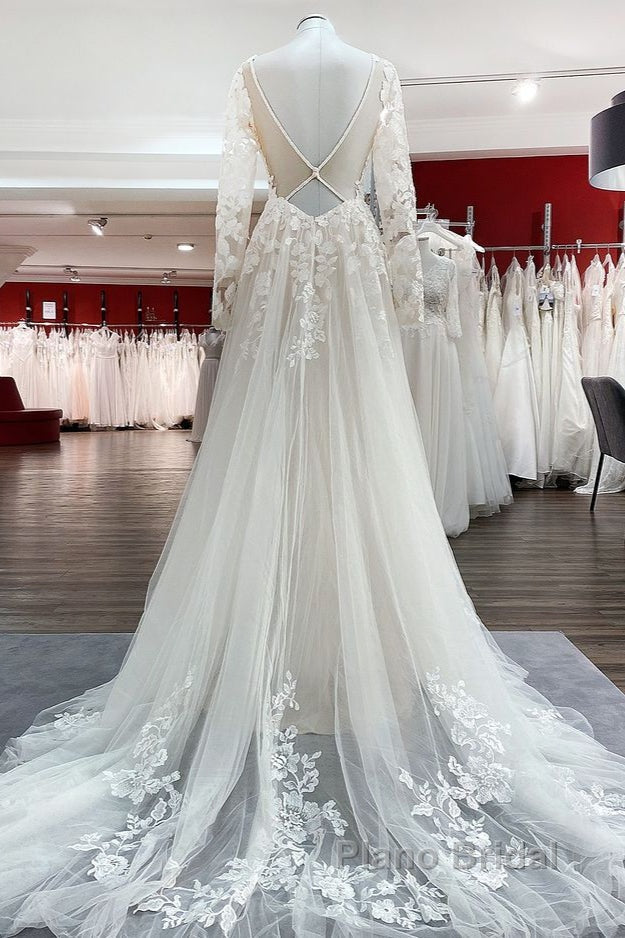 Ivory A-line Tulle Long Sleeves Lace Appliques Open Back Wedding Dresses Secondary image