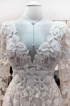 Ivory A-line Tulle Long Sleeves Lace Appliques Open Back Wedding Dresses