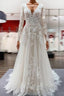 Ivory A-line Tulle Long Sleeves Lace Appliques Open Back Wedding Dresses
